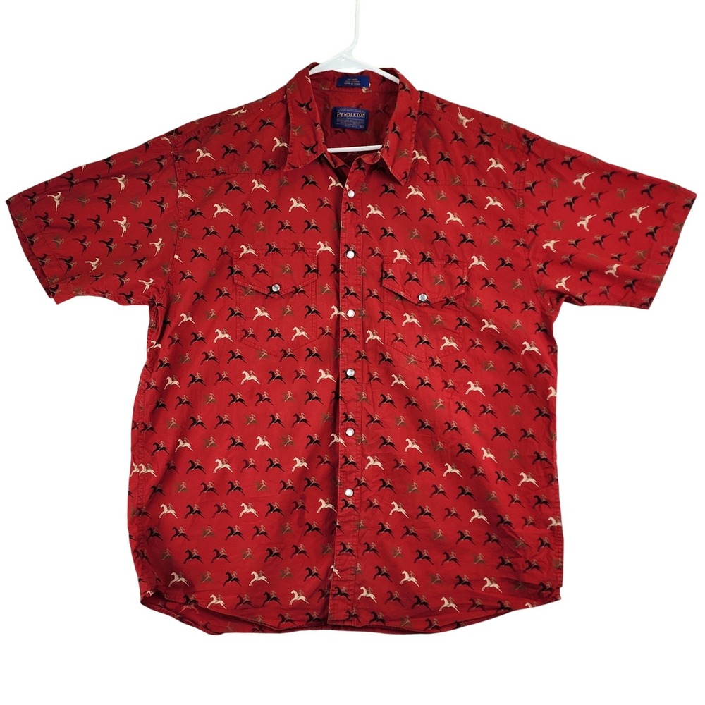 VTG Pendleton Western Pearl Snap Shirt Mens XL Red Horse Print Equestrian Cowboy